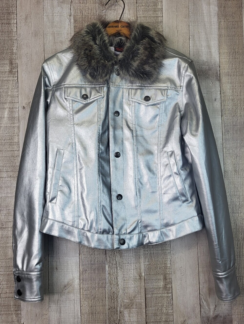 FUBU Ladies Collection Metallic Silver Faux Leather Jacket with Fur Collar Large
